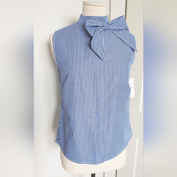 Lili Sidonio Molly Bracken Tops - NWT Lili Sidonio Molly Bracken Bow Pinstripe Blue White Sleeveless Blouse Top XS